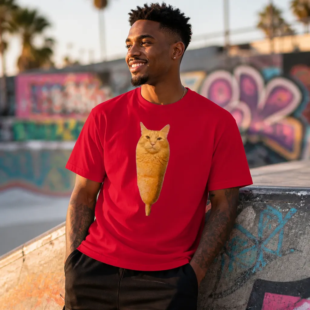 Model wearing Corn Dog Cat Brainrot Meme Tee T-Shirts in White