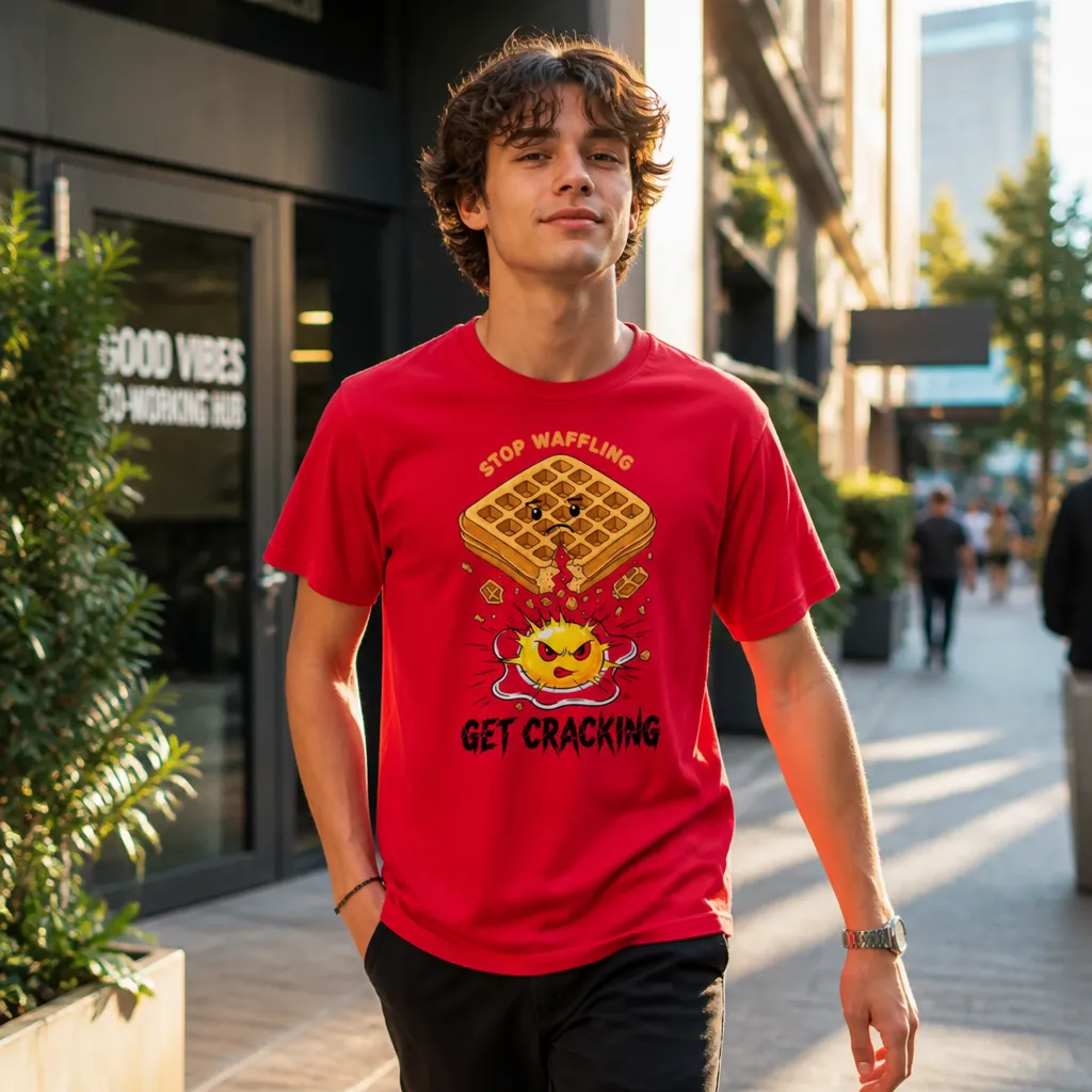 Model wearing Stop Waffling, Get Cracking Meme Tee T-Shirts in White