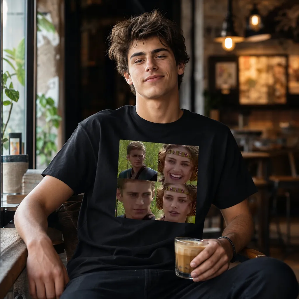 Model wearing Anakin Padmé: I Hate Sand Meme T-Shirt T-Shirts in Royal