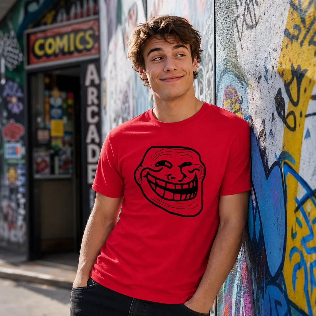 Model wearing Trollface T-Shirt T-Shirts in Grey