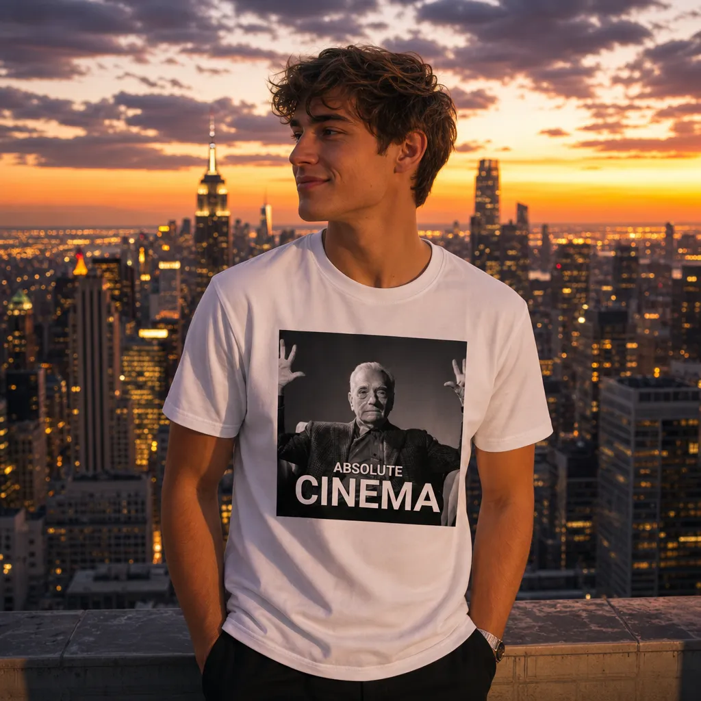 Model wearing "Absolute Cinema" T-Shirt | Meme Trend T-Shirts in White