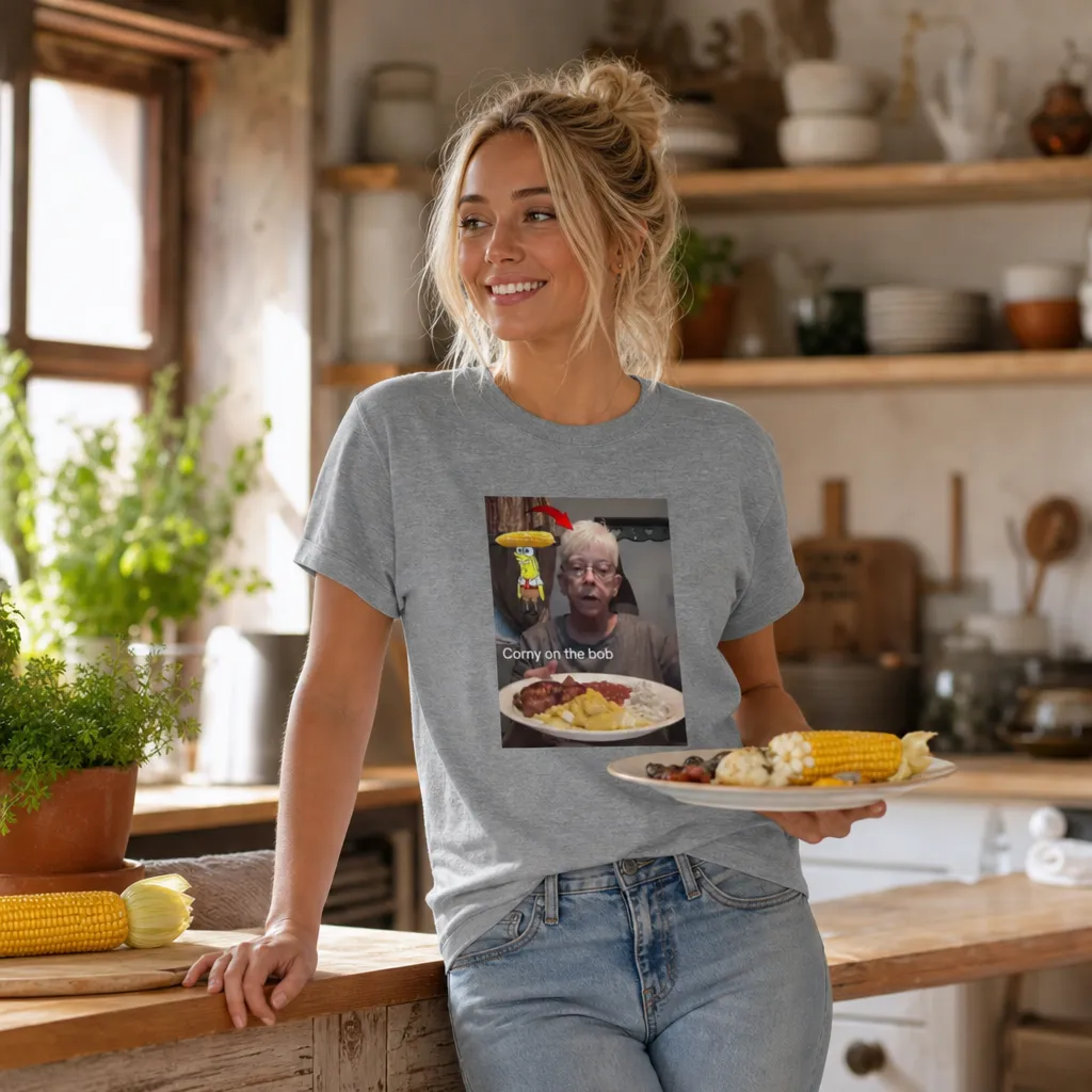 Model wearing Corny On The Bob Tee - Patty Miller Meme T-Shirts in White
