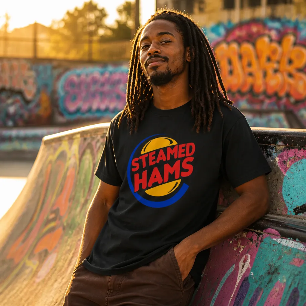 Model wearing Steamed Hams T-Shirt T-Shirts in Black