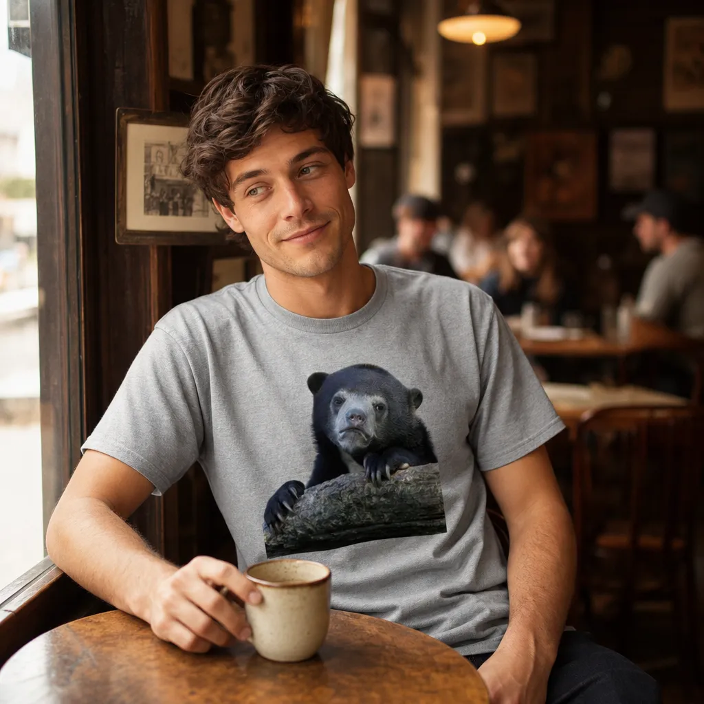 Model wearing Confession Bear Meme Tee T-Shirts in Black