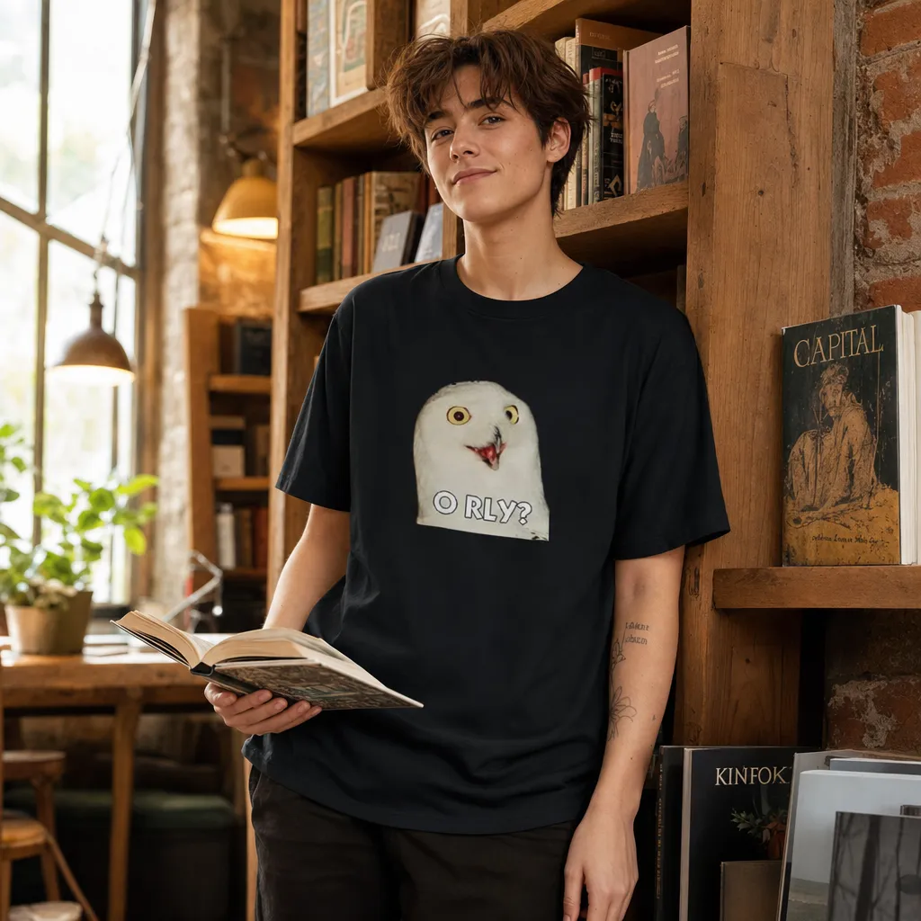 Model wearing O RLY? Classic Internet Owl Tee T-Shirts in Black