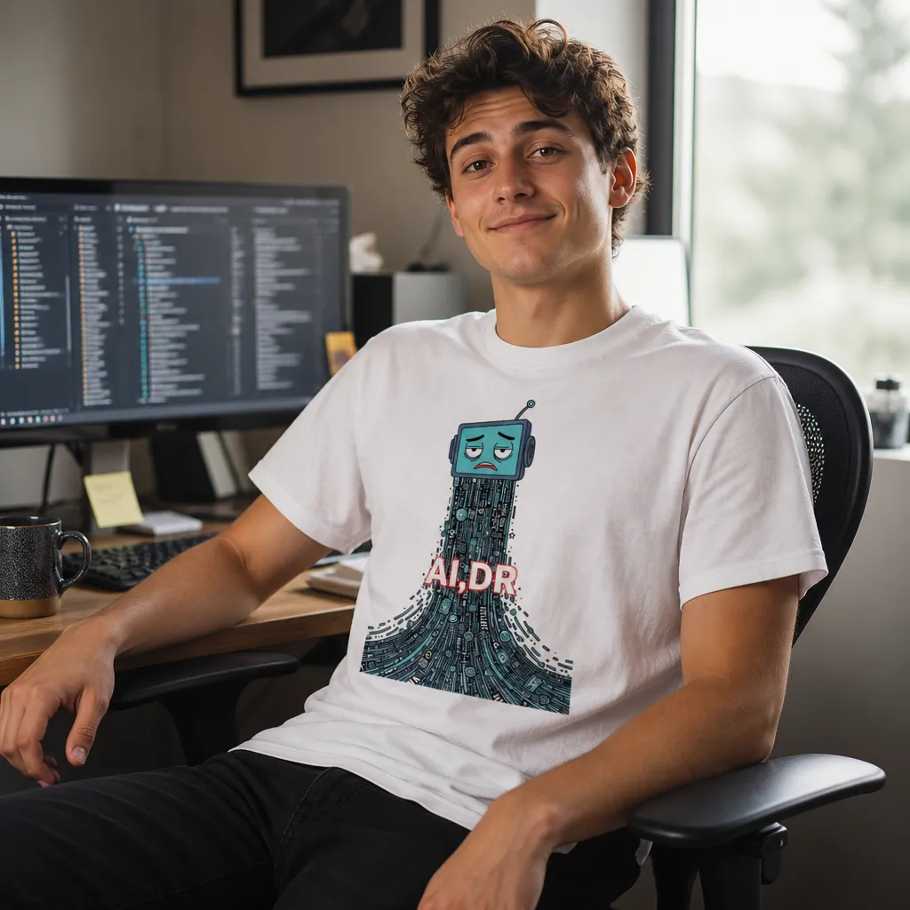 Model wearing AI;DR Meme T-Shirt - Too Slop; Didn't Read T-Shirts in White