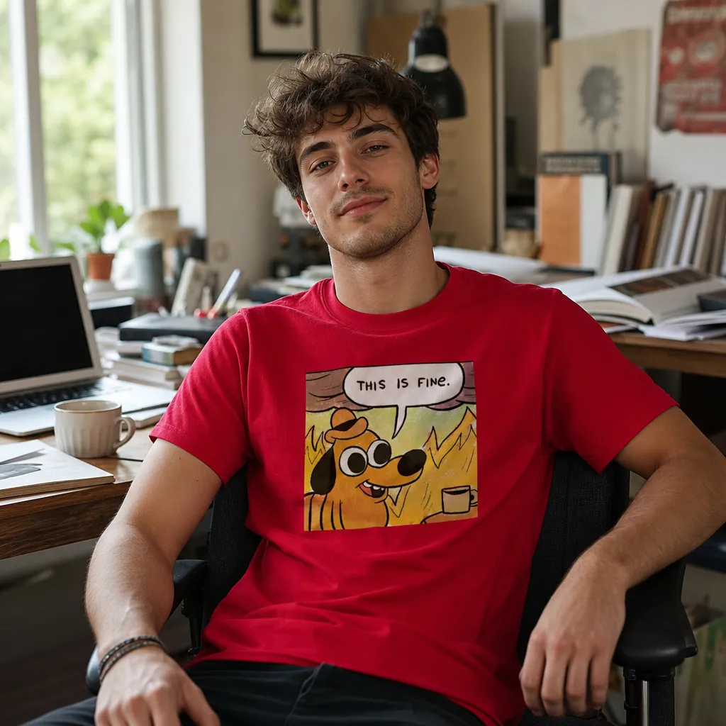 Model wearing This is Fine Dog Tee - Meme Collection T-Shirts in White