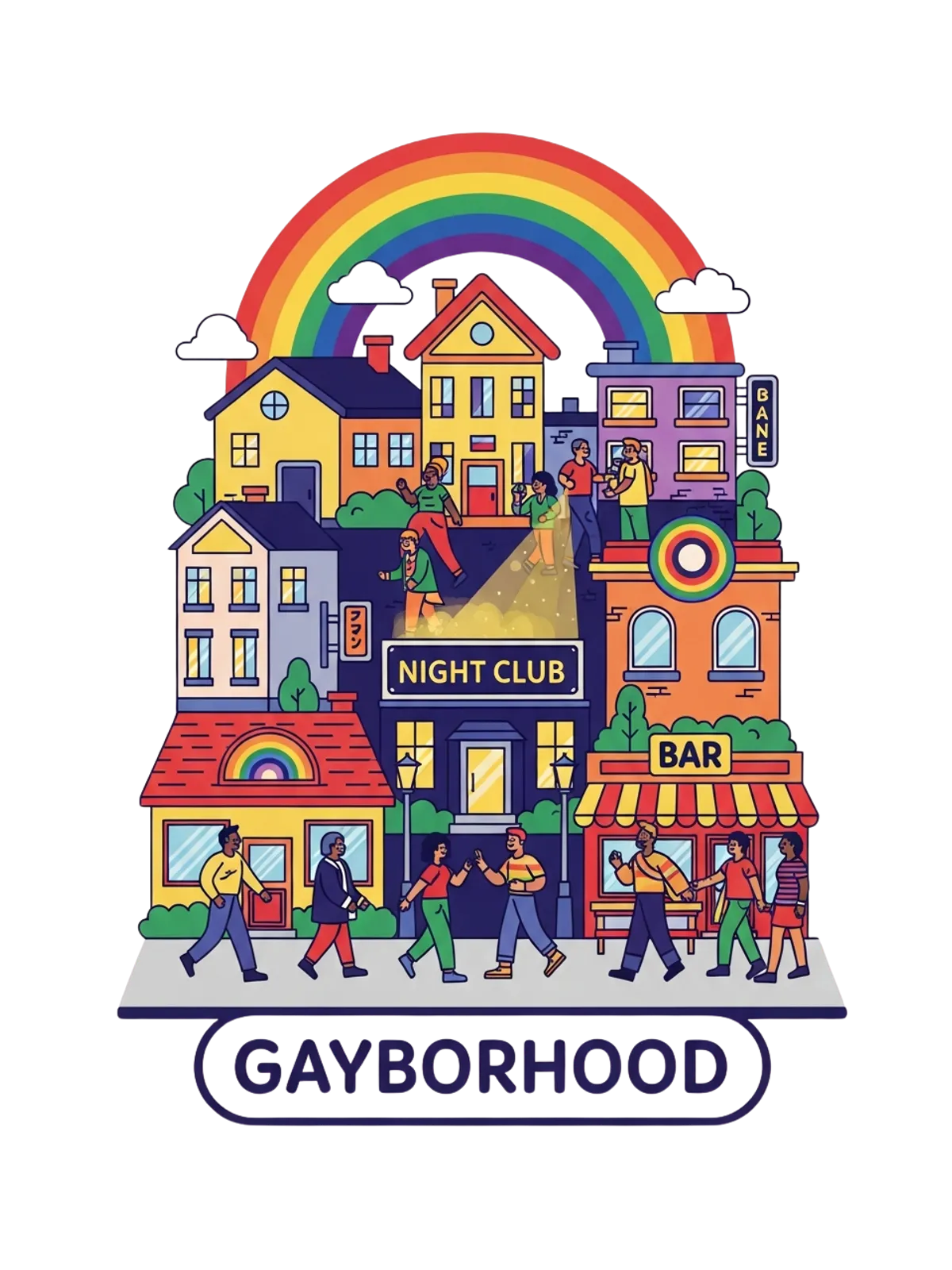 Gayborhood Tee: Welcome Home & Celebrate! Graphic Print Artwork Detail