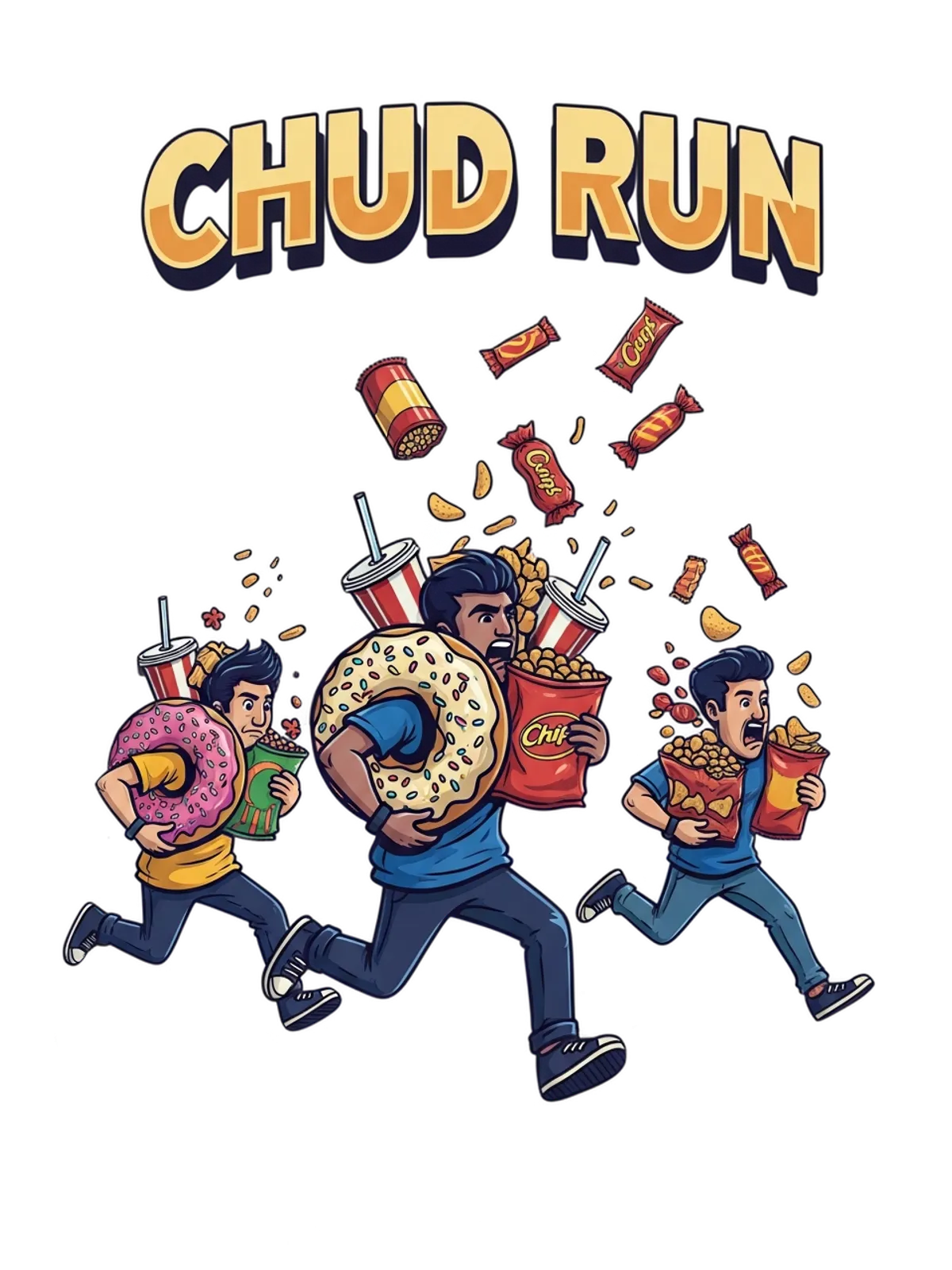 Chud Run Meme T-Shirt: Epic Snack Quest Graphic Print Artwork Detail