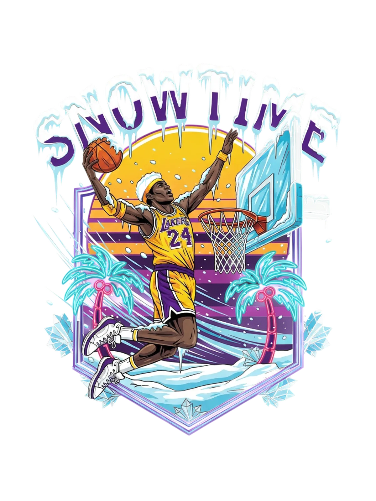 Snowtime Lakers Retro Basketball Hoodie Graphic Print Artwork Detail