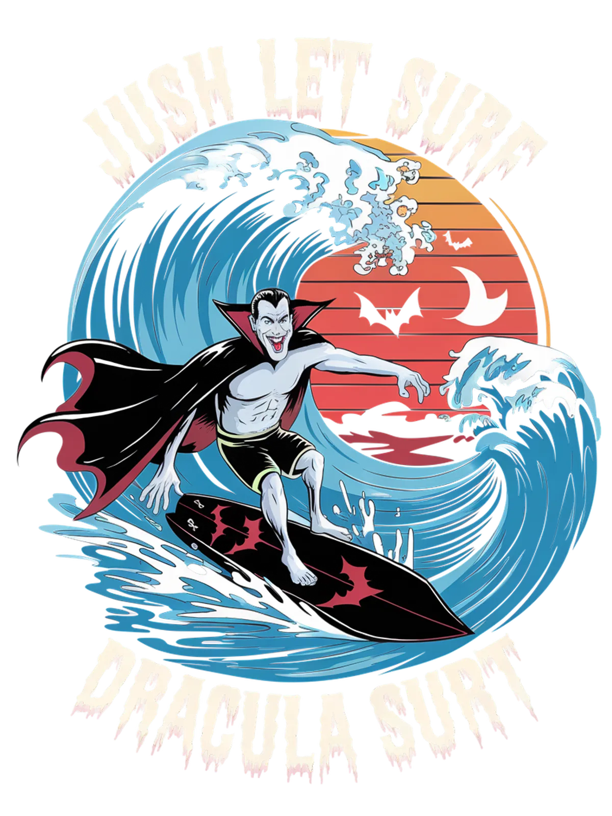 Just Let Surf Dracula Surf T-Shirt Graphic Print Artwork Detail