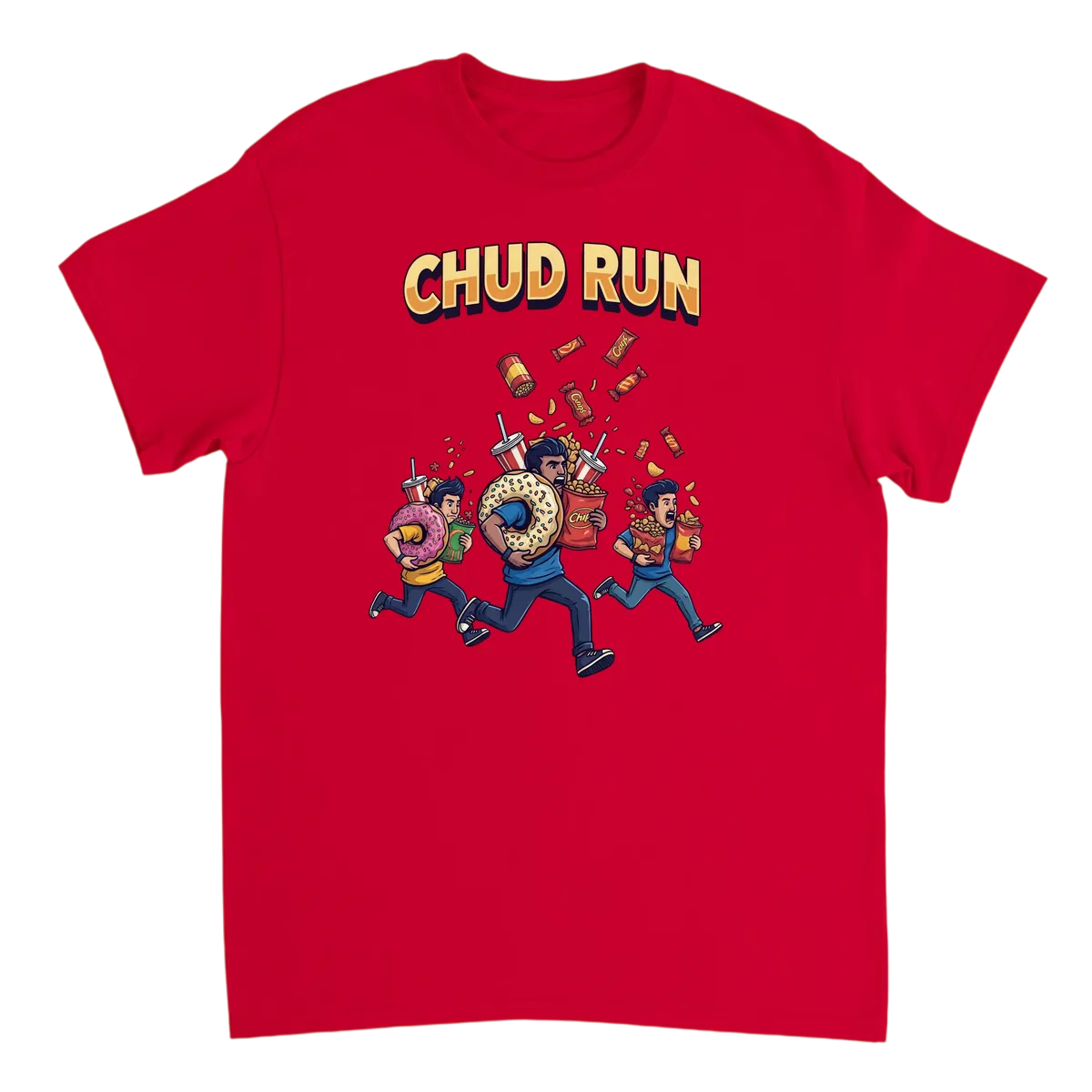 Chud Run Meme T-Shirt: Epic Snack Quest T-Shirts - Red