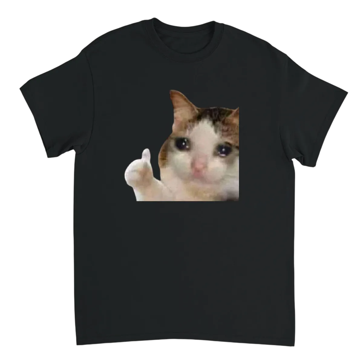 Crying Cat Thumbs Up Meme Tee T-Shirts - Black