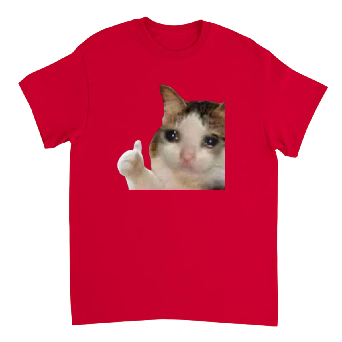 Crying Cat Thumbs Up Meme Tee White T-Shirts Photo 4