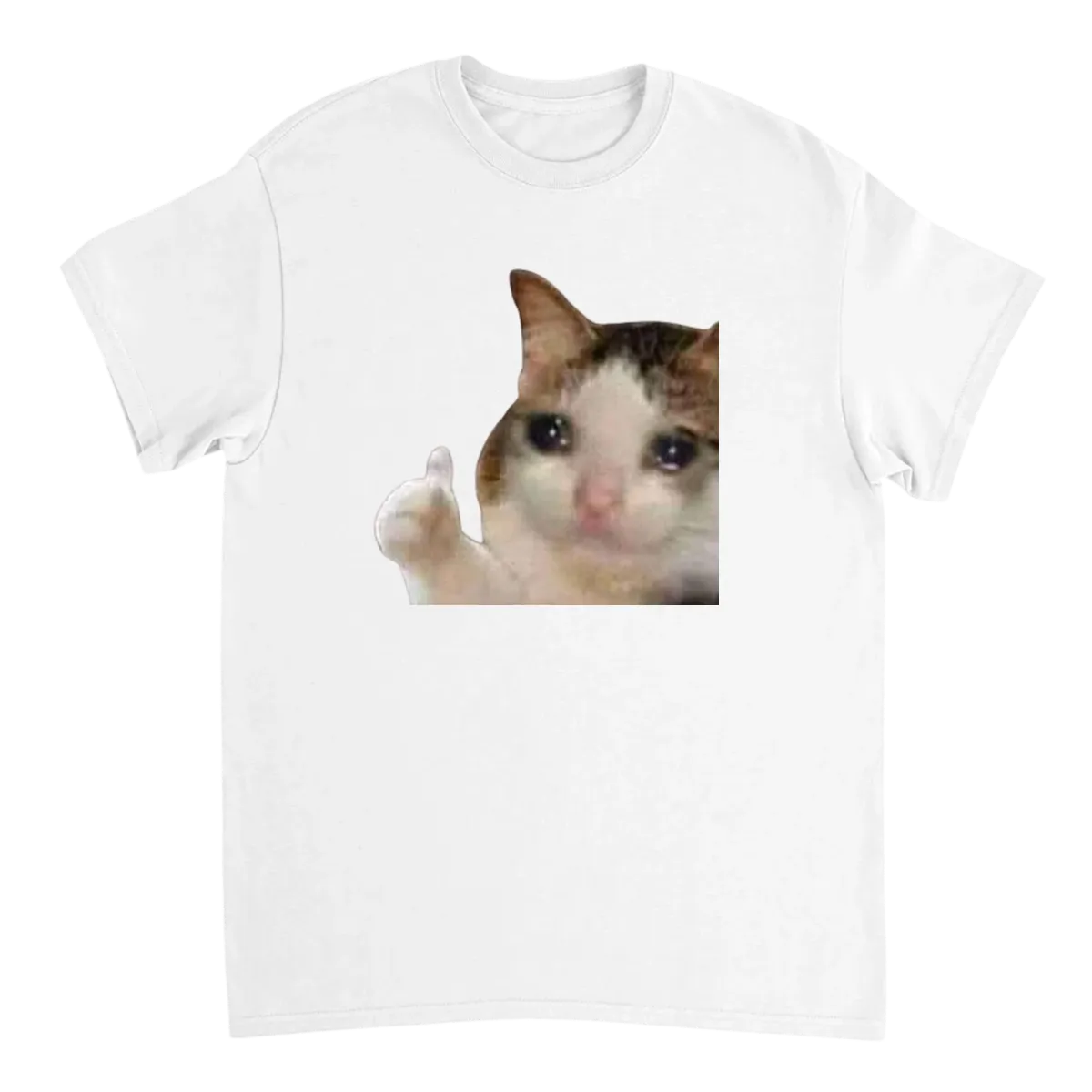 Crying Cat Thumbs Up Meme Tee White T-Shirts Photo 2
