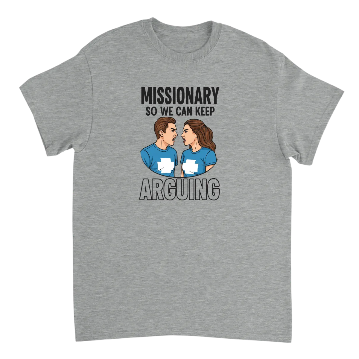 Missionary Arguing Couple's Meme Tee T-Shirts - Grey
